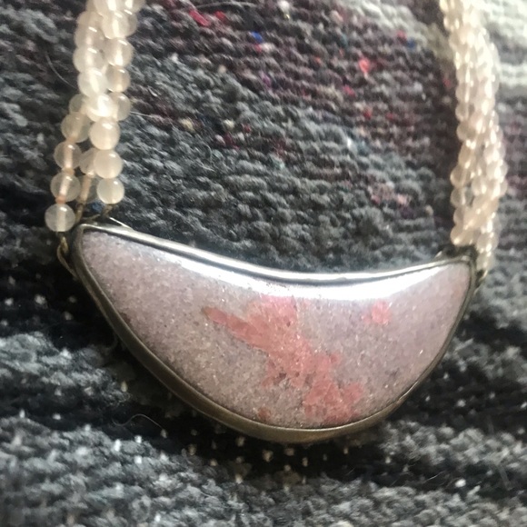 Pink and Purple Rhodonite and Rose Quartz Crescent Boho Necklace Handmade - Picture 3 of 5